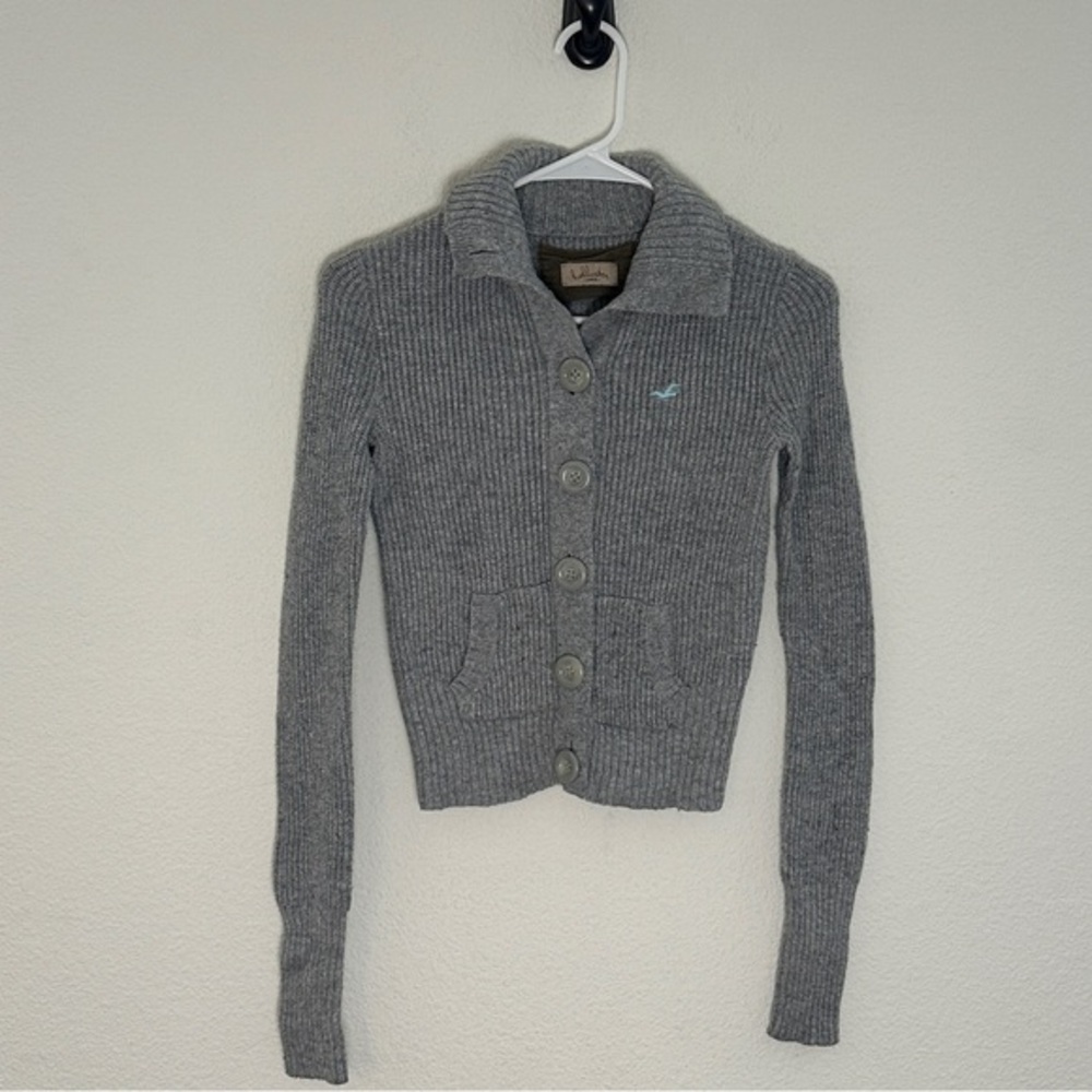 Hollister Grey Ribbed Knit Cardigan - Y2K California Cool Button‎ Up Sweater - S